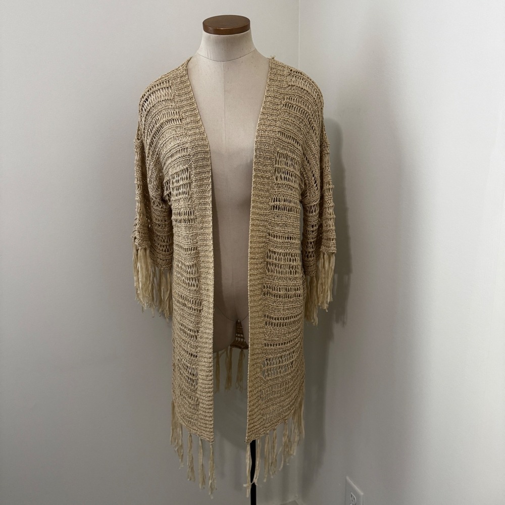Umgee Medium / Large Cream Crochet Open Knit Fringe Kimono Top Boho Festival